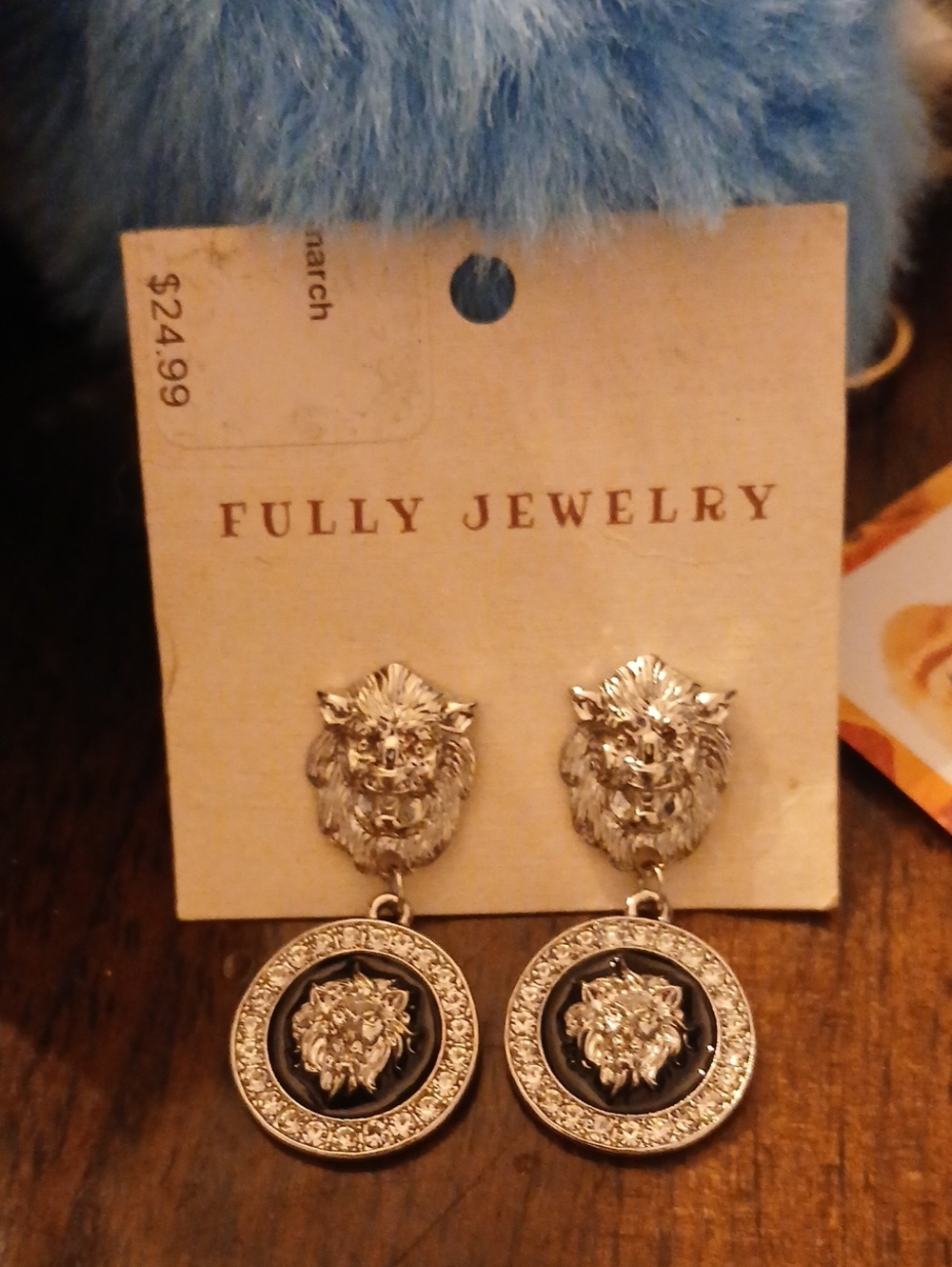Silver Lion Head Drop Earrings with Black Accents